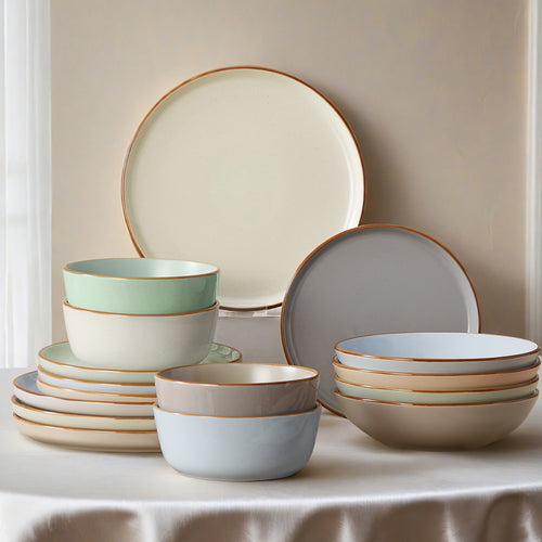 16pcs Sesame-glazed Ceramic Dinnerware Set for 4 People | Modern Low-saturation Color Scheme: Cream, Blue, Green, Gray | Dishwasher & Microwave Safe | Ideal for Holiday Entertaining & Daily Dining - Le Cocon d'Emi